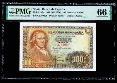 【Blue Auction】世界纸币精拍第801期——18级TOP拍卖/信誉/品质/专业/高效💫 - 西班牙 1948年100比塞塔 PMG66EPQ 马车