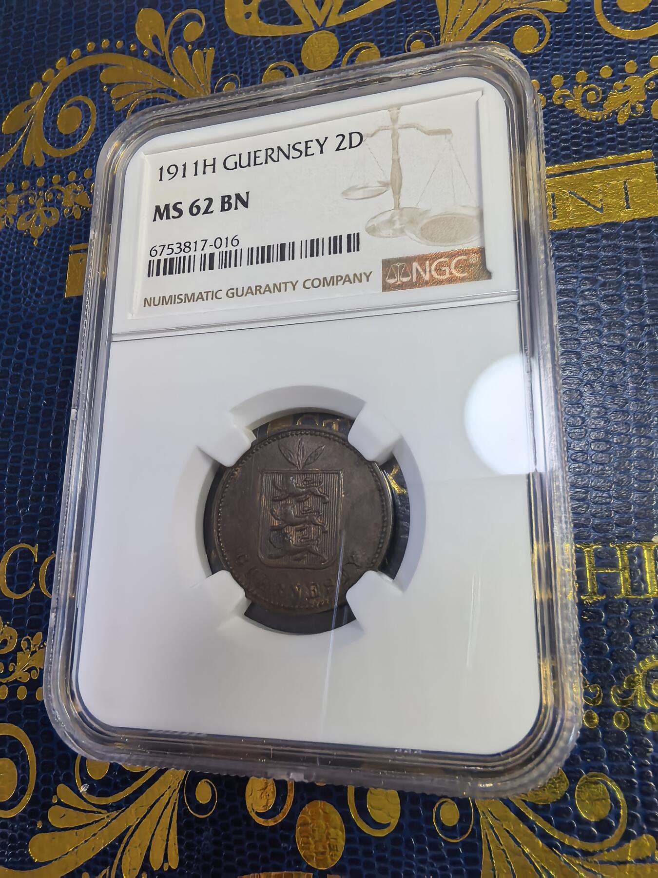 长老汇马年精选第十三场拍卖 1911H根西2道布铜币，NGC MS62BN，唯一冠军，2.9万枚