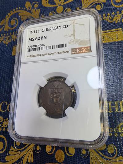 长老汇马年精选第十三场拍卖 - 1911H根西2道布铜币，NGC MS62BN，唯一冠军，2.9万枚