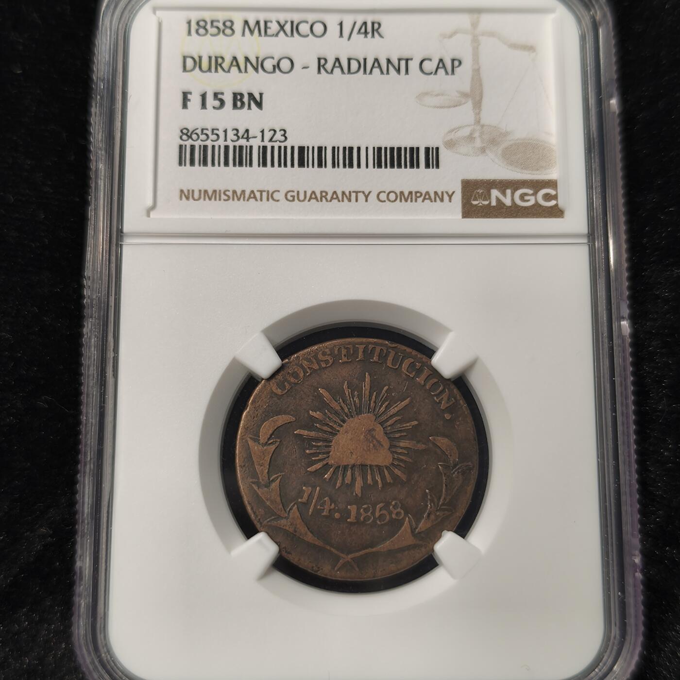 Krab外币市集Vol.28 NGC F15BN 墨西哥1858年1/4里亚尔 rare