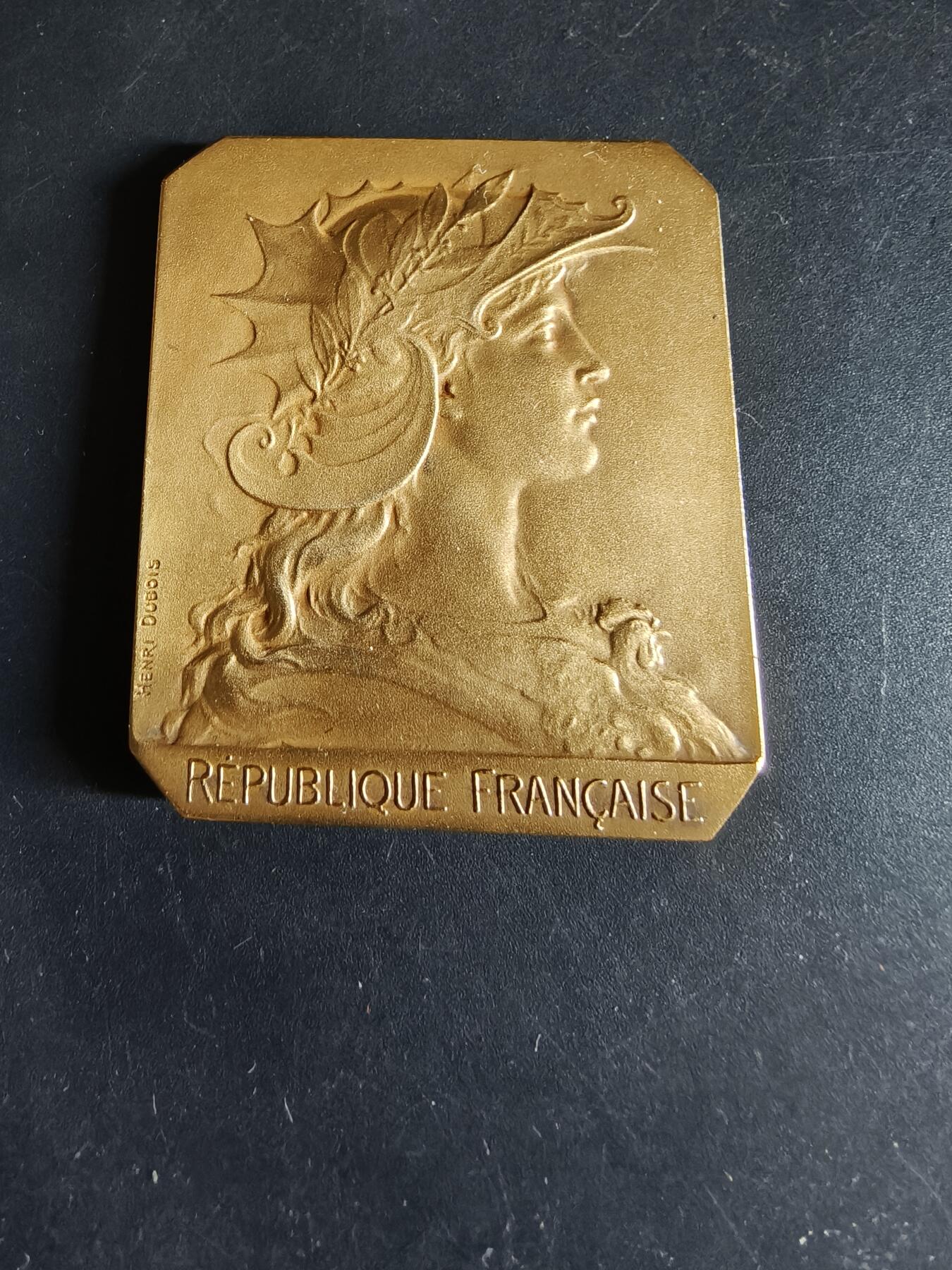 老王徽章第190期 法国卡尔瓦多斯省省长赠送方形镀金大铜章     戎装玛丽安娜   大师亨利·杜布瓦版本      尺寸45×50mm    重量58.4g