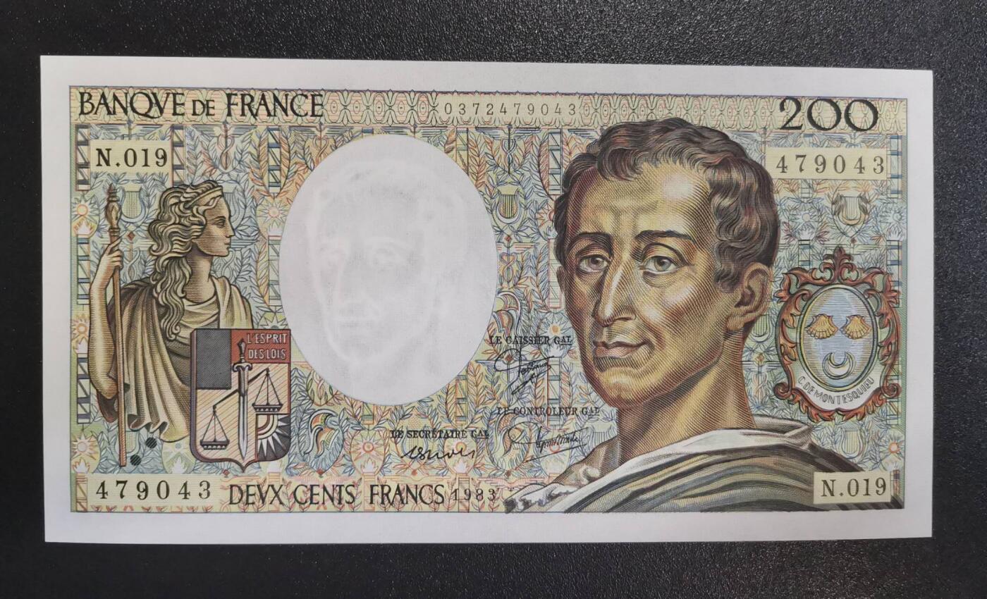 《艾美收藏》第238期-3.29周日外币畅拍场 法国1983年200法郎UNC 思想家孟德斯鸠，主要思想：三权分立、君主立宪