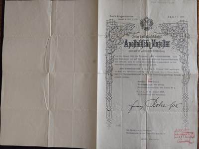 凯旋世界勋赏（第23期）（欢迎送拍）（对拍品有疑问请询问客服，不接受到手刀，出价默认拍品品相。请认真阅读拍卖规则！出价默认已认可！）（收到货请录制开箱视频，无视频概不处理问题。） - 奥匈帝国 正式退役证书 因病退役及退休金核定的正式通知；由骑兵大将（后为元帅） 弗朗茨·罗尔 替代战争部长 亲笔签名 签发，1913年正式批准安东·鲍尔 因病退役的请求，并写有养老金内容。