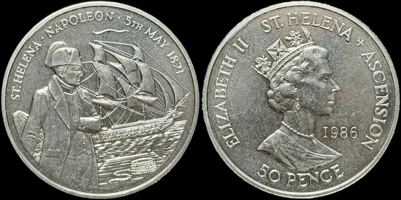＜星葵🌻钱币社＞第72期·东奔西走的硬币·3月31日发货 〈发行量50000〉圣赫勒拿和阿森松群岛1986年拿破仑逝世165周年50便士克朗型纪念币