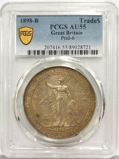 博洋堂“芳菲春韵”3月精品大拍专场暨第166期（全场包邮） - PCGS AU55 英属贸易银币1898年B版站洋壹圆，孟买造币厂早期发行，全字口深打，滴水未下，原汁原味黄油包浆