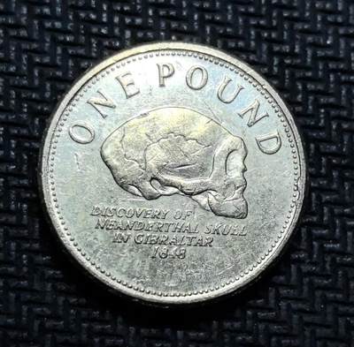 外国优质老铜币银币苏联纪念章，每周六晚九点倒数截拍，满百包邮可寄存，持续收拍 - 直布罗陀尼安德特人头骨发现纪念 1 英镑硬币，正面为伊丽莎白二世头像，背面镌刻 1848 年直布罗陀发现的尼安德特人头骨化石，将古人类考古史与钱币艺术结合。镍黄铜材质，图案细节清晰，是兼具科学叙事与收藏价值的英属海外领地特色纪念币。