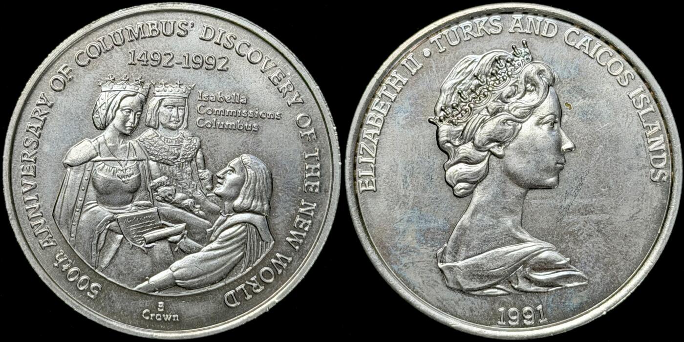 ＜星葵🌻钱币社＞第72期·东奔西走的硬币·3月31日发货 特克斯和凯科斯群岛1991年哥布伦发现新世界500周年5克朗纪念币