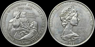 ＜星葵🌻钱币社＞第72期·东奔西走的硬币·3月31日发货 - 特克斯和凯科斯群岛1991年哥布伦发现新世界500周年5克朗纪念币