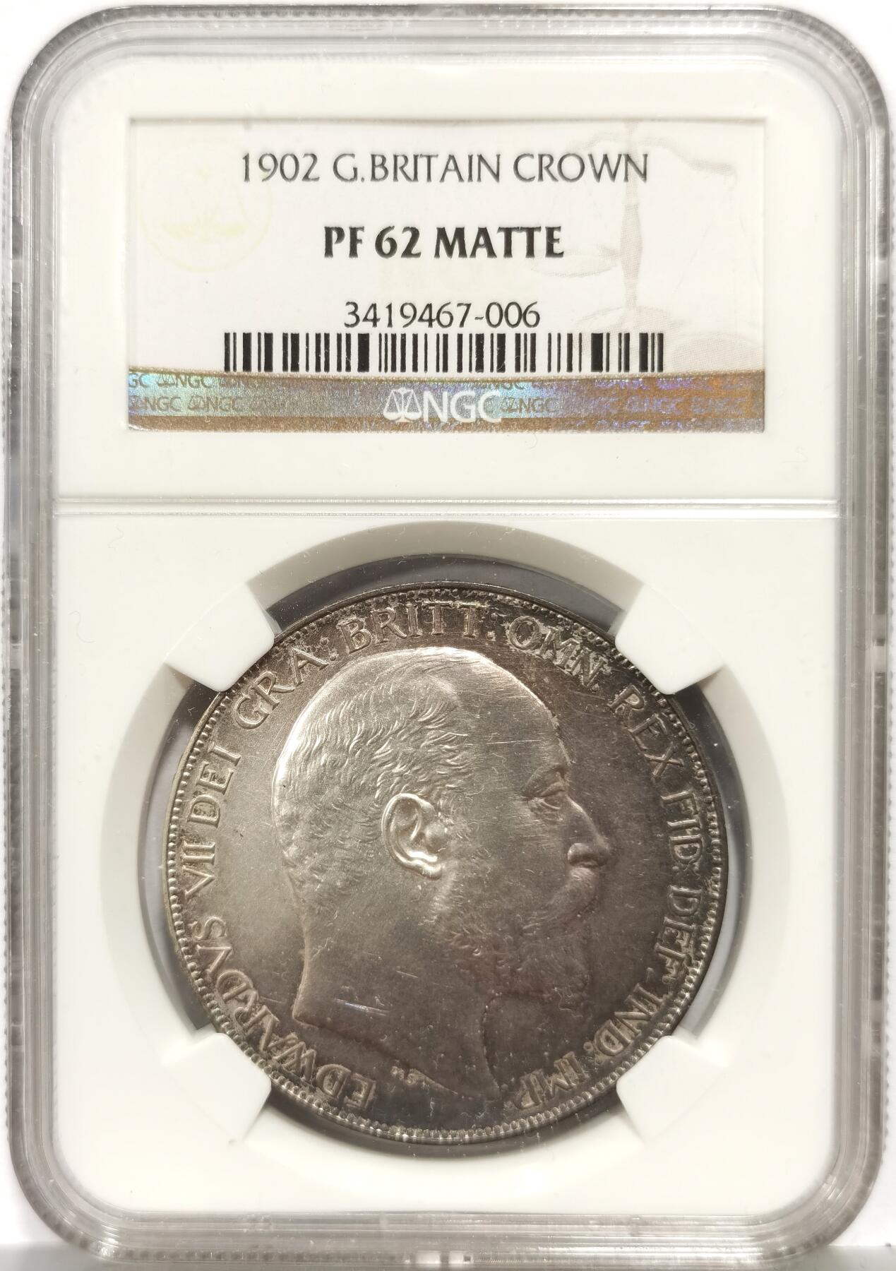 博洋堂“芳菲春韵”3月精品大拍专场暨第166期（全场包邮） NGC PF62MATTE 英国1902年爱德华七世马剑克朗，深紫罗兰环彩，实物状态相当好，老盒，低评