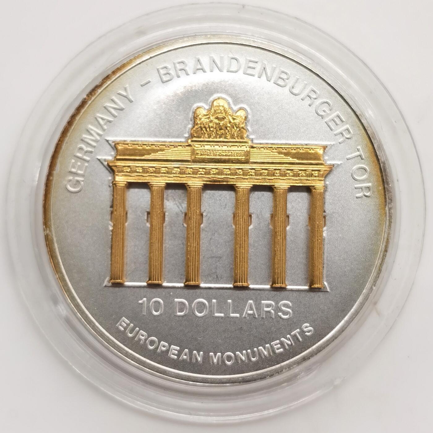 博洋堂“芳菲春韵”3月精品大拍专场暨第166期（全场包邮） 瑙鲁2002年10元带镀金插件反向精制银币 欧洲地标-勃兰登堡门（德） 1盎司999银 发行量：5千