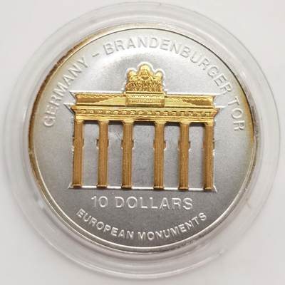 博洋堂“芳菲春韵”3月精品大拍专场暨第166期（全场包邮） - 瑙鲁2002年10元带镀金插件反向精制银币 欧洲地标-勃兰登堡门（德） 1盎司999银 发行量：5千