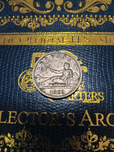 长老汇马年精选第十三场拍卖 - 1869（69）西班牙拿花2比塞塔银币，10克835银，马德里造币厂，克书XF40分200美金