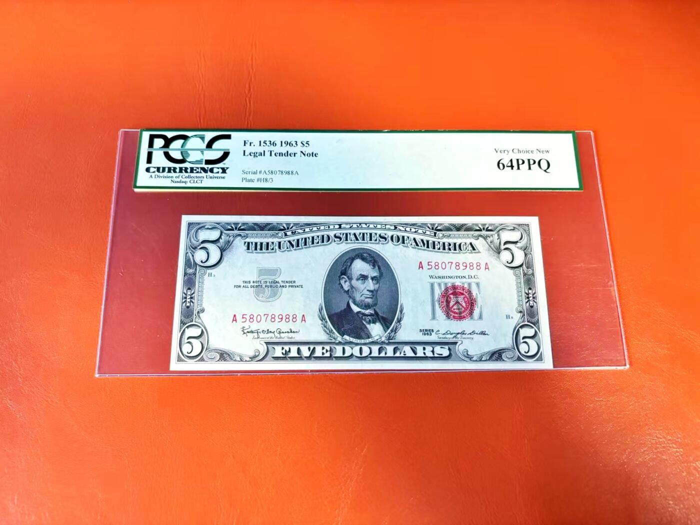 【Blue Auction】世界纸币精拍第801期——18级TOP拍卖/信誉/品质/专业/高效💫 【AA冠88尾】美国 1963年 5美金  PCGS64EPQ