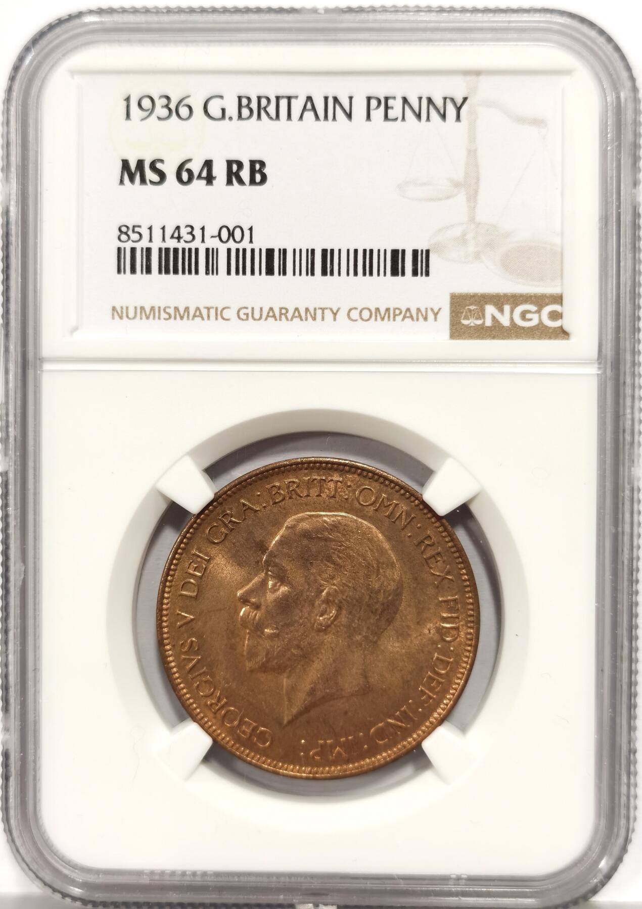 博洋堂“芳菲春韵”3月精品大拍专场暨第166期（全场包邮） NGC MS64RB 英国1936年乔治五世一便士铜币，关门特年