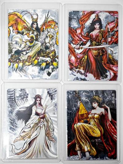 白泽拍卖卡牌手绘专场第34期（花朝去了又春分 草如茵 柳烟新） - 2025 卡德曼 张建东水浒 4张 扈三娘026/099，仇琼英002/099，阎婆惜055/099，林娘子024/099 粗闪 卡夹封装