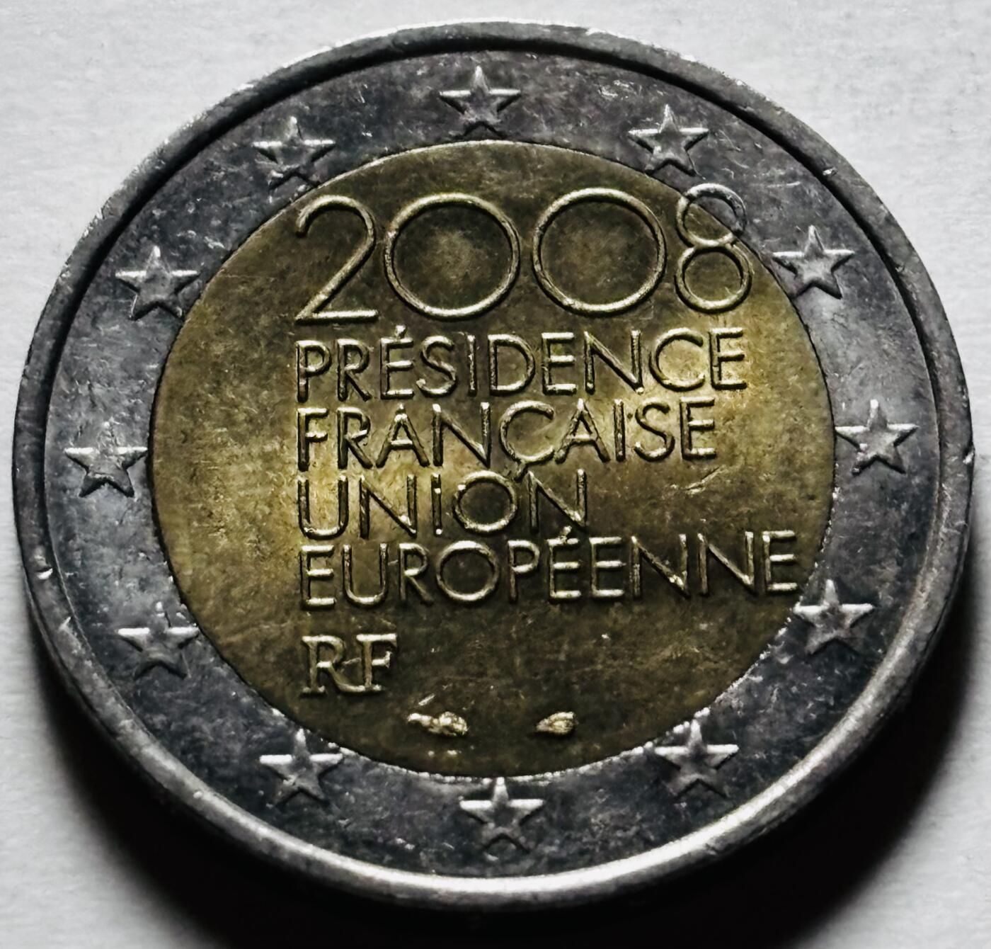 文馨钱币收藏第 298 场，长期接代拍业务 法国2008年纪念币 欧盟轮值主席国 2欧纪念币