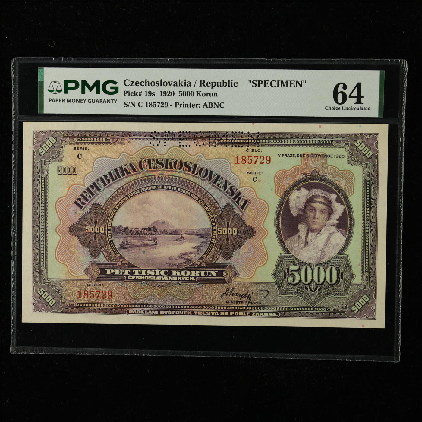 【亘邦集藏】第224期拍卖 1920年 捷克斯洛伐克样钞5000克朗 PMG 64 C 185729