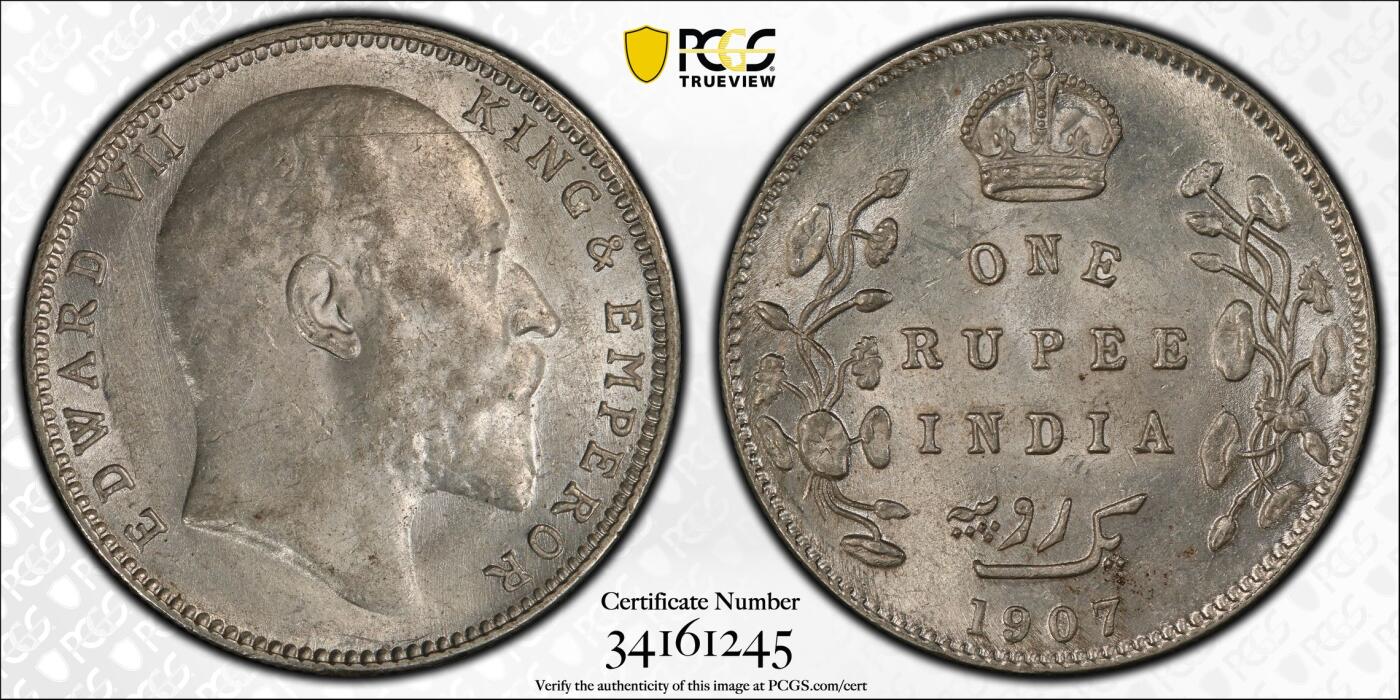 博洋堂“芳菲春韵”3月精品大拍专场暨第166期（全场包邮） PCGS MS61 英属印度1907年C版爱德华七世1卢比 少见年份 原光深打 严评状态 细节参见Trueview
