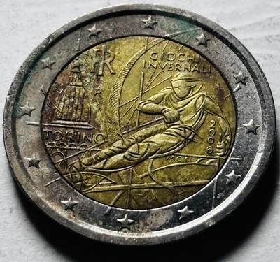 文馨钱币收藏第 298 场，长期接代拍业务 - 少见 2006 年意大利都灵冬奥会滑雪纪念币 2 欧元