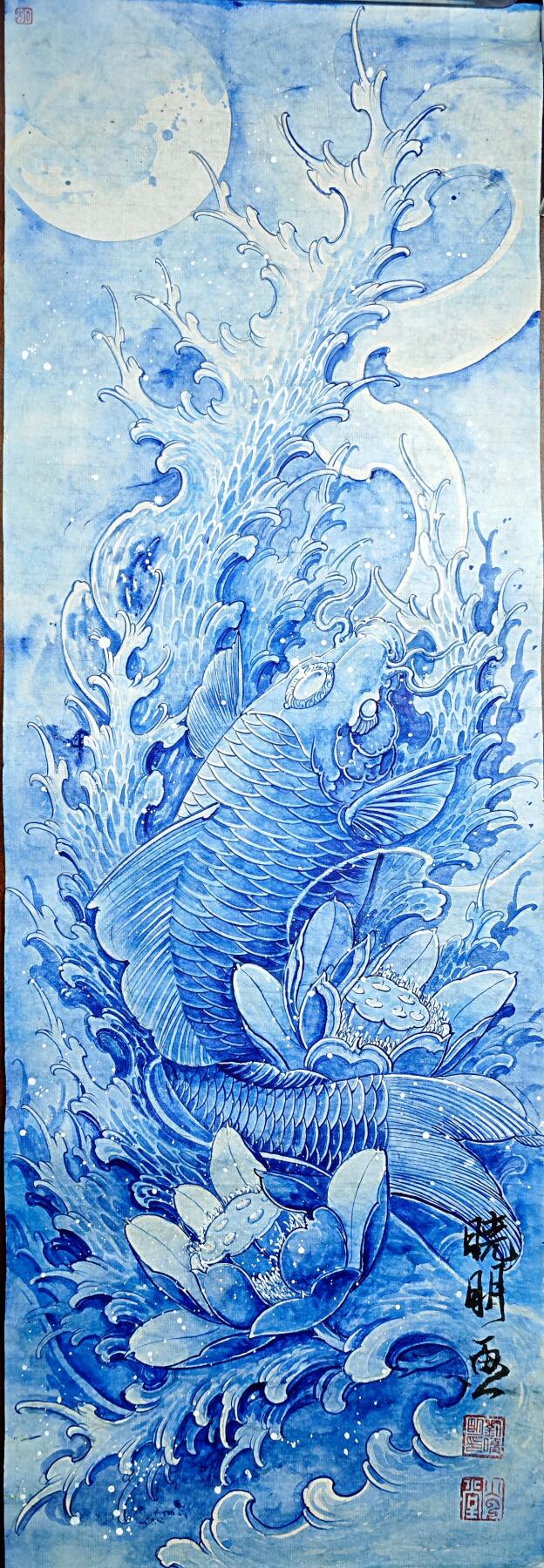 白泽拍卖卡牌手绘专场第34期（花朝去了又春分 草如茵 柳烟新） 2025 刘晓明手绘画 晓明鱼 尺寸：32.5cm*96cm  刘晓明钤印