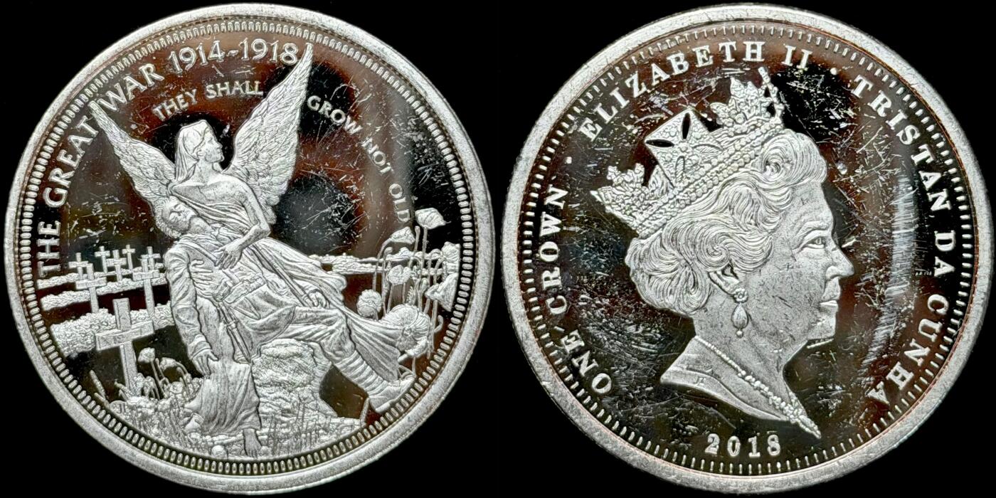 ＜星葵🌻钱币社＞第72期·东奔西走的硬币·3月31日发货 〈发行量9999〉特里斯坦·达库尼亚2018年一战纪念颂歌·他们永不衰老1克朗镀银纪念币