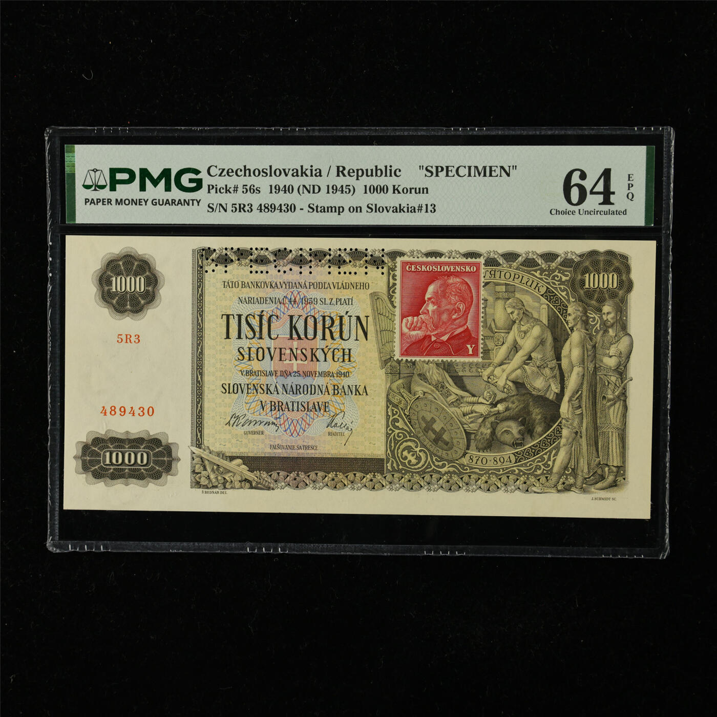 【亘邦集藏】第224期拍卖 1940年 捷克斯洛伐克共和国样钞1000克朗 PMG 64EPQ 5R3 489430