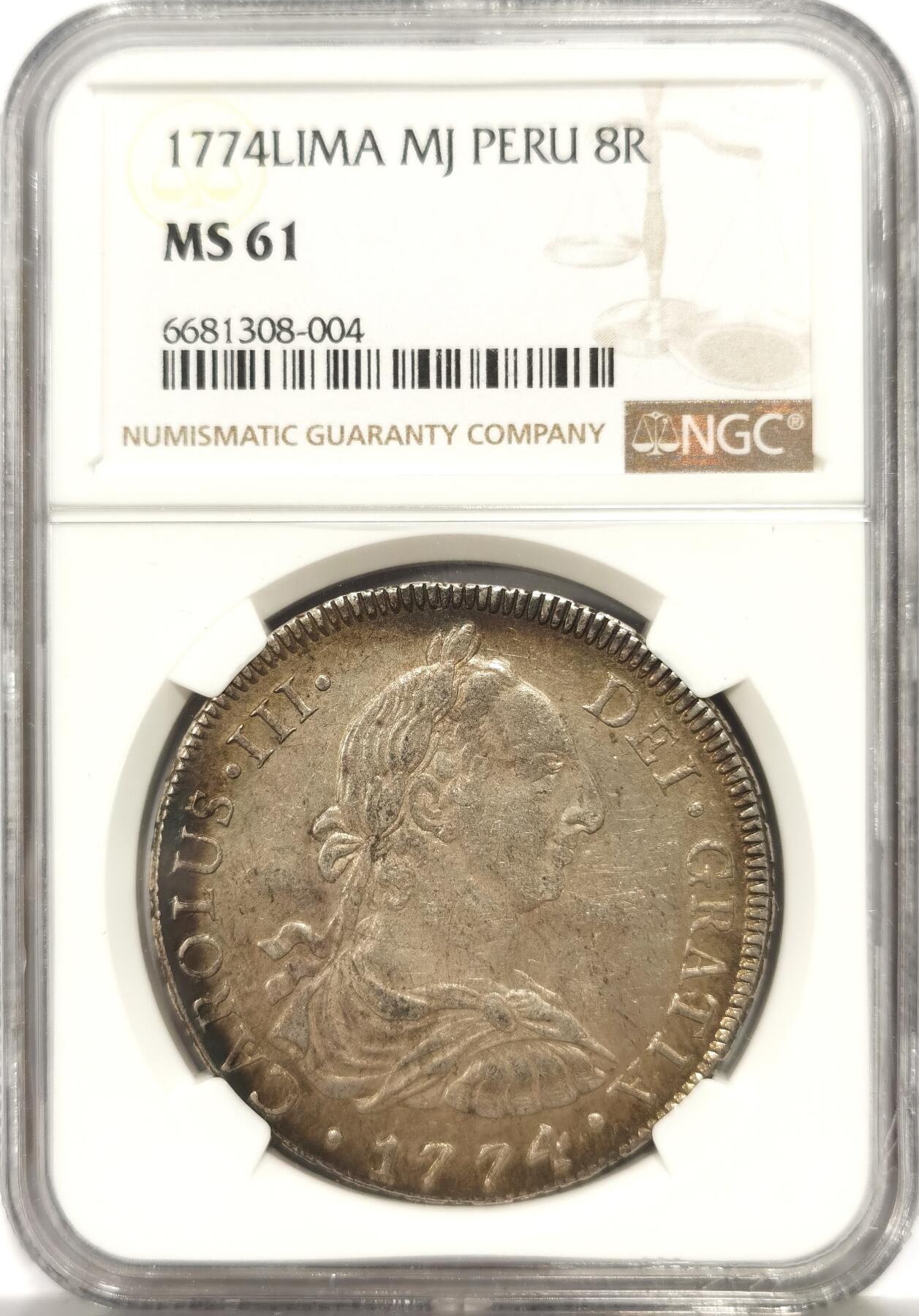博洋堂“芳菲春韵”3月精品大拍专场暨第166期（全场包邮） NGC MS61 西属秘鲁1774年LIMA MJ卡洛斯三世双柱8R银币，早期年份非常少见，此枚更是NGC唯一冠军分！卡三双柱巅峰级藏品，错过不再有！