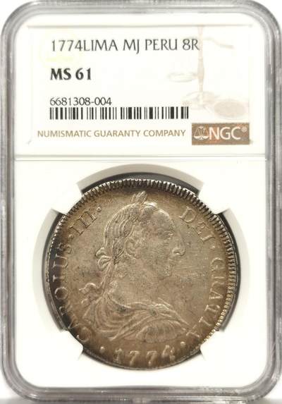 博洋堂“芳菲春韵”3月精品大拍专场暨第166期（全场包邮） - NGC MS61 西属秘鲁1774年LIMA MJ卡洛斯三世双柱8R银币，早期年份非常少见，此枚更是NGC唯一冠军分！卡三双柱巅峰级藏品，错过不再有！