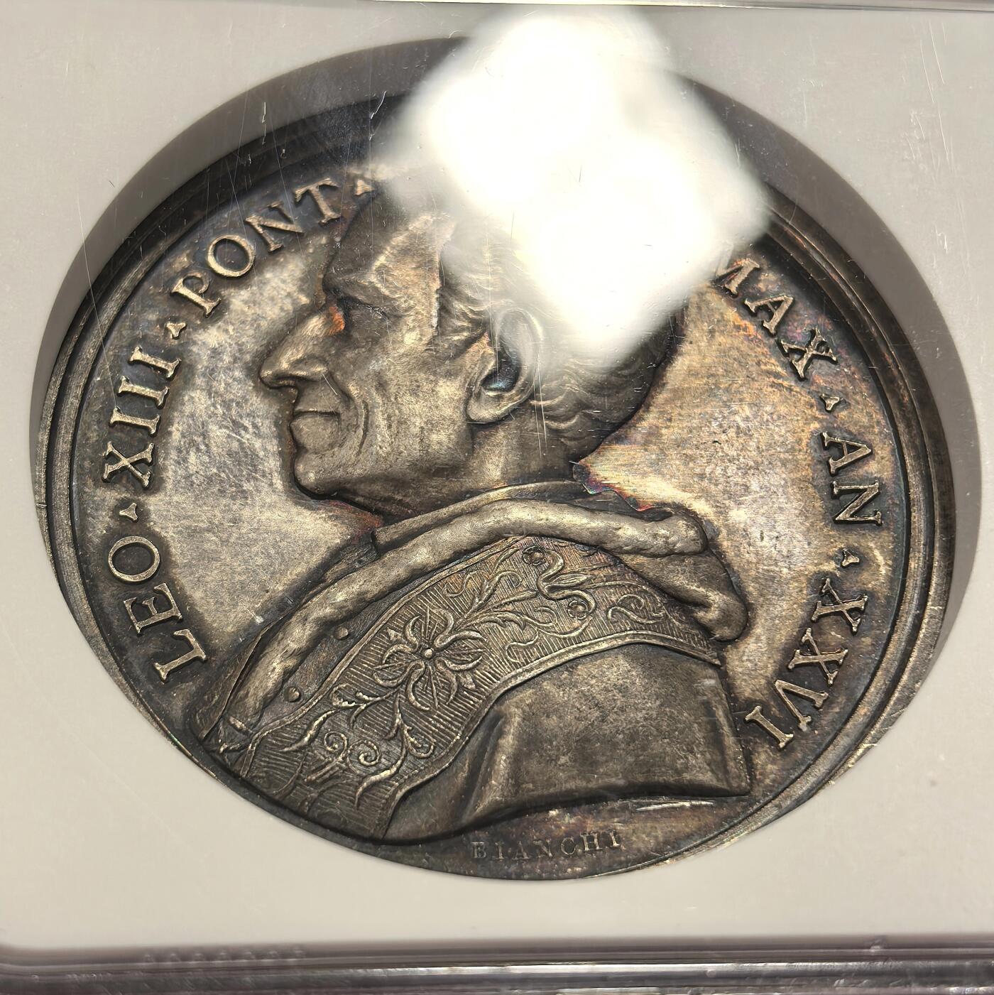 博洋堂“芳菲春韵”3月精品大拍专场暨第166期（全场包邮） NGC MS64 教皇国梵蒂冈1903年利奥十三世成立圣经研究委员会纪念大银章，五彩包浆  冠军分，加厚盒