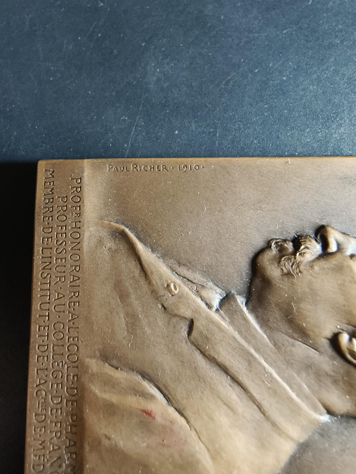 老王徽章第190期 法国化学家埃米尔·克莱门特·容弗莱施方形大铜章     该教授为法兰西科学院院士    章牌背面描绘了科学与理性化身的女神注视着在工作室实验台前工作的教授      保罗·里歇尔作品      高浮雕     尺寸50×70mm