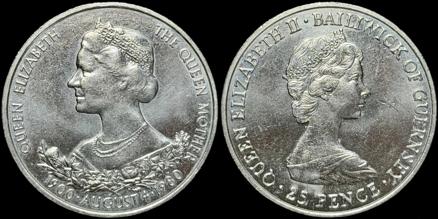 ＜星葵🌻钱币社＞第72期·东奔西走的硬币·3月31日发货 根西岛1980年王太后80岁生日25便士克朗型纪念币