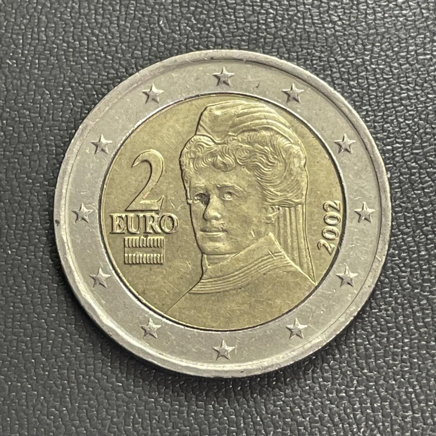 回流0328 奥地利2002年2欧元 1905年诺贝尔和平奖得主贝尔塔·冯·苏特纳