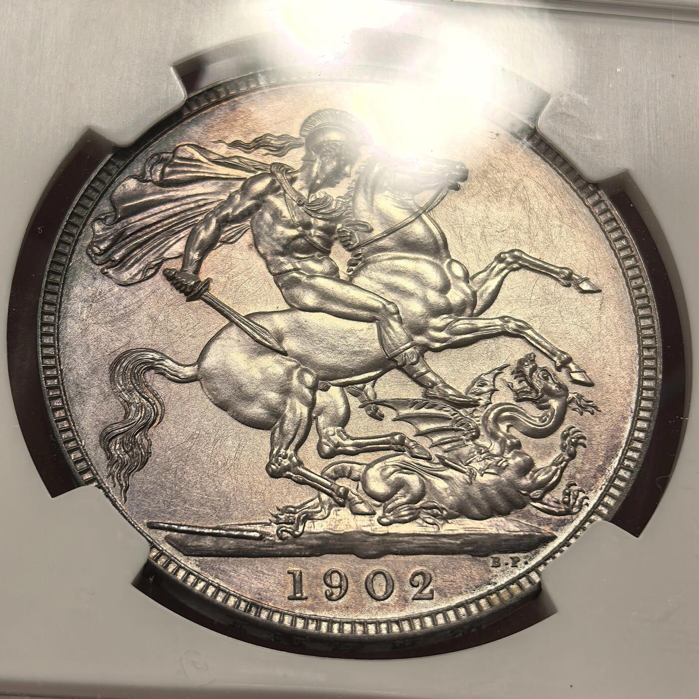 博洋堂“芳菲春韵”3月精品大拍专场暨第166期（全场包邮） NGC PF62MATTE 英国1902年爱德华七世马剑克朗，深紫罗兰环彩，实物状态相当好，老盒，低评