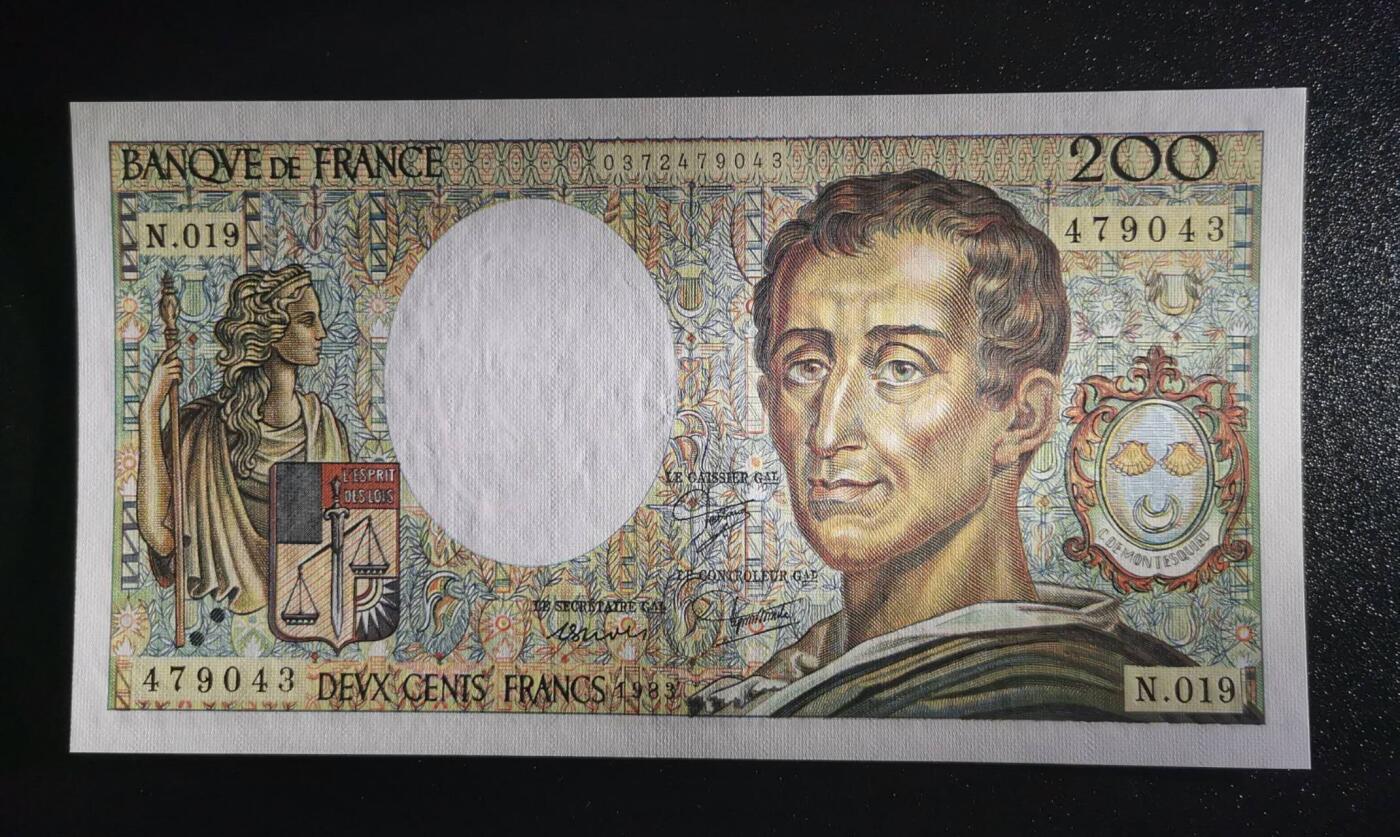 《艾美收藏》第238期-3.29周日外币畅拍场 法国1983年200法郎UNC 思想家孟德斯鸠，主要思想：三权分立、君主立宪