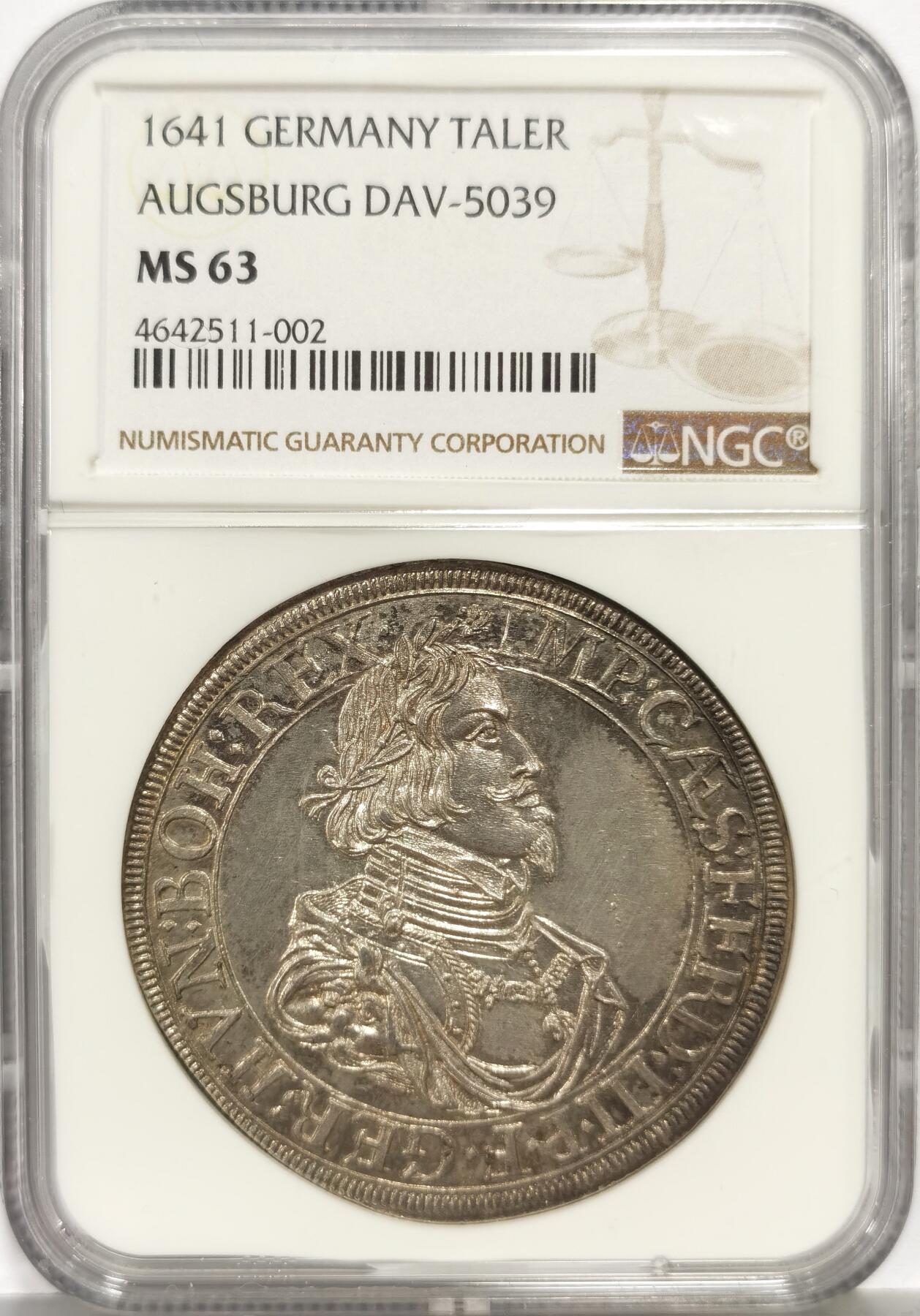 博洋堂“芳菲春韵”3月精品大拍专场暨第166期（全场包邮） NGC MS63 德国奥格斯堡1641年城市景观大泰勒，名誉景观品种，发丝胡须细节令人惊叹，背面更是堪称完美，顶级收藏佳品