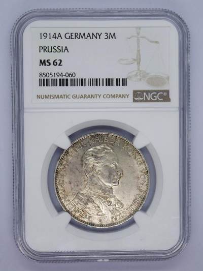 观钱 近现代机制币拍卖No.006（全场顺丰包邮，不区分偏远地区）  - 1914 年德国普鲁士威廉二世 3 马克银币 NGC MS62 