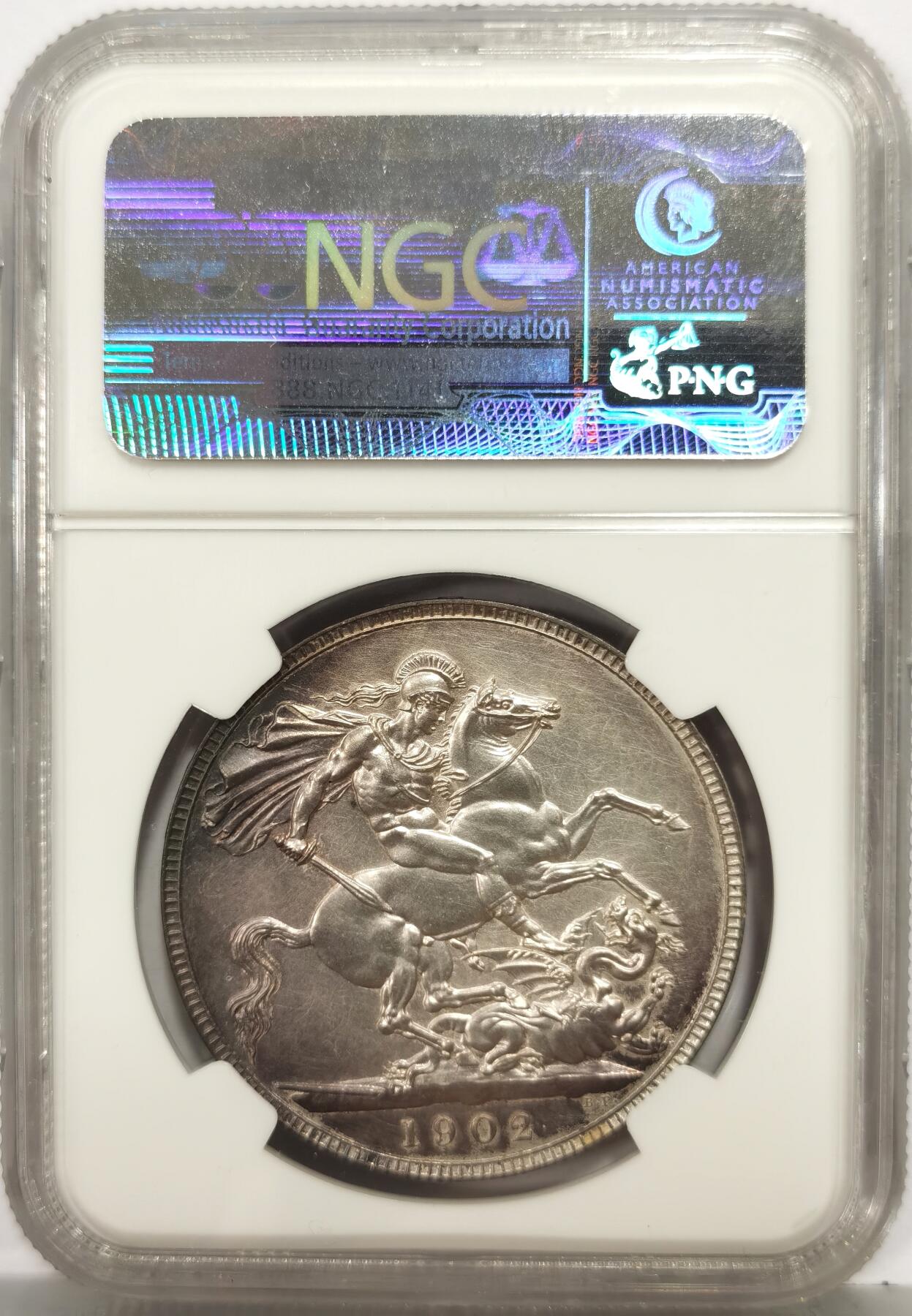 博洋堂“芳菲春韵”3月精品大拍专场暨第166期（全场包邮） NGC PF62MATTE 英国1902年爱德华七世马剑克朗，深紫罗兰环彩，实物状态相当好，老盒，低评