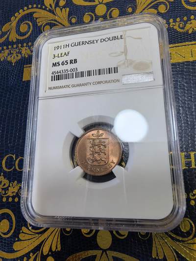 长老汇马年精选第十三场拍卖 - 1911H根西1道布铜币，NGC MS65RB，唯一亚军，更高1枚，9万枚，3叶版