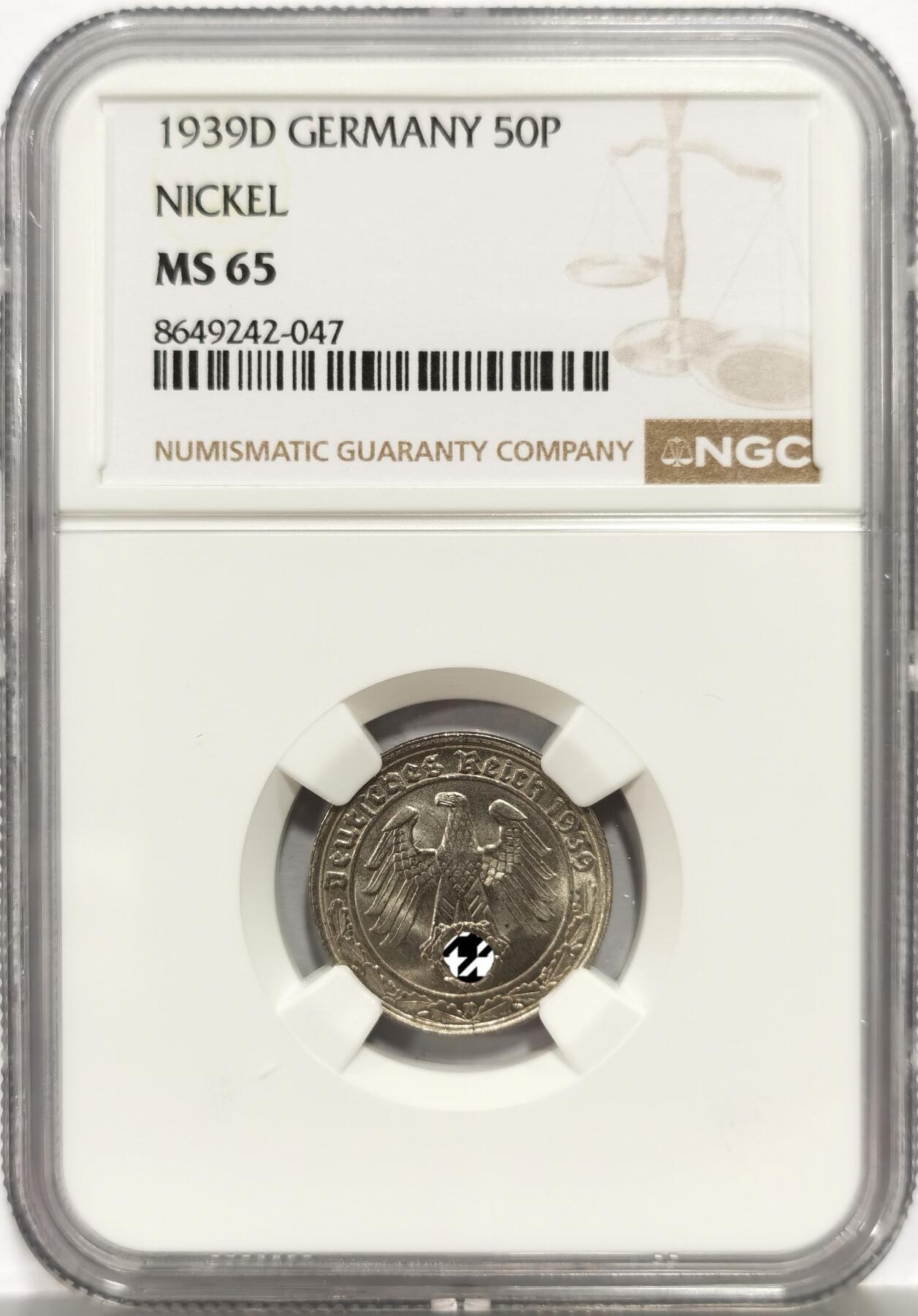 博洋堂“芳菲春韵”3月精品大拍专场暨第166期（全场包邮） NGC MS65 德国第三帝国1939年D版50芬尼镍币，传说中的回炉坦克币，仅有2枚更高分