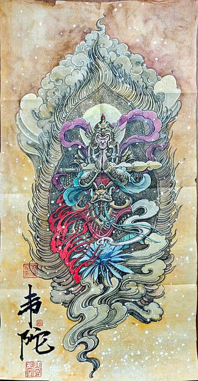 白泽拍卖卡牌手绘专场第34期（花朝去了又春分 草如茵 柳烟新） - 2025 刘晓明手绘画 韦陀 尺寸：33.7cm*65.5cm  刘晓明钤印