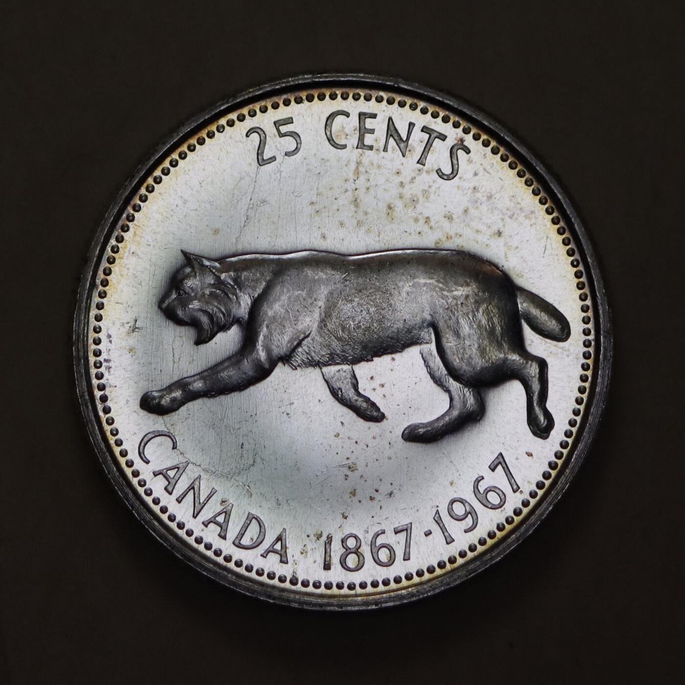 观钱 近现代机制币拍卖No.006（全场顺丰包邮，不区分偏远地区）  加拿大 1967 年联邦百年 25 分猞猁纪念银币 卷拆全新未使用