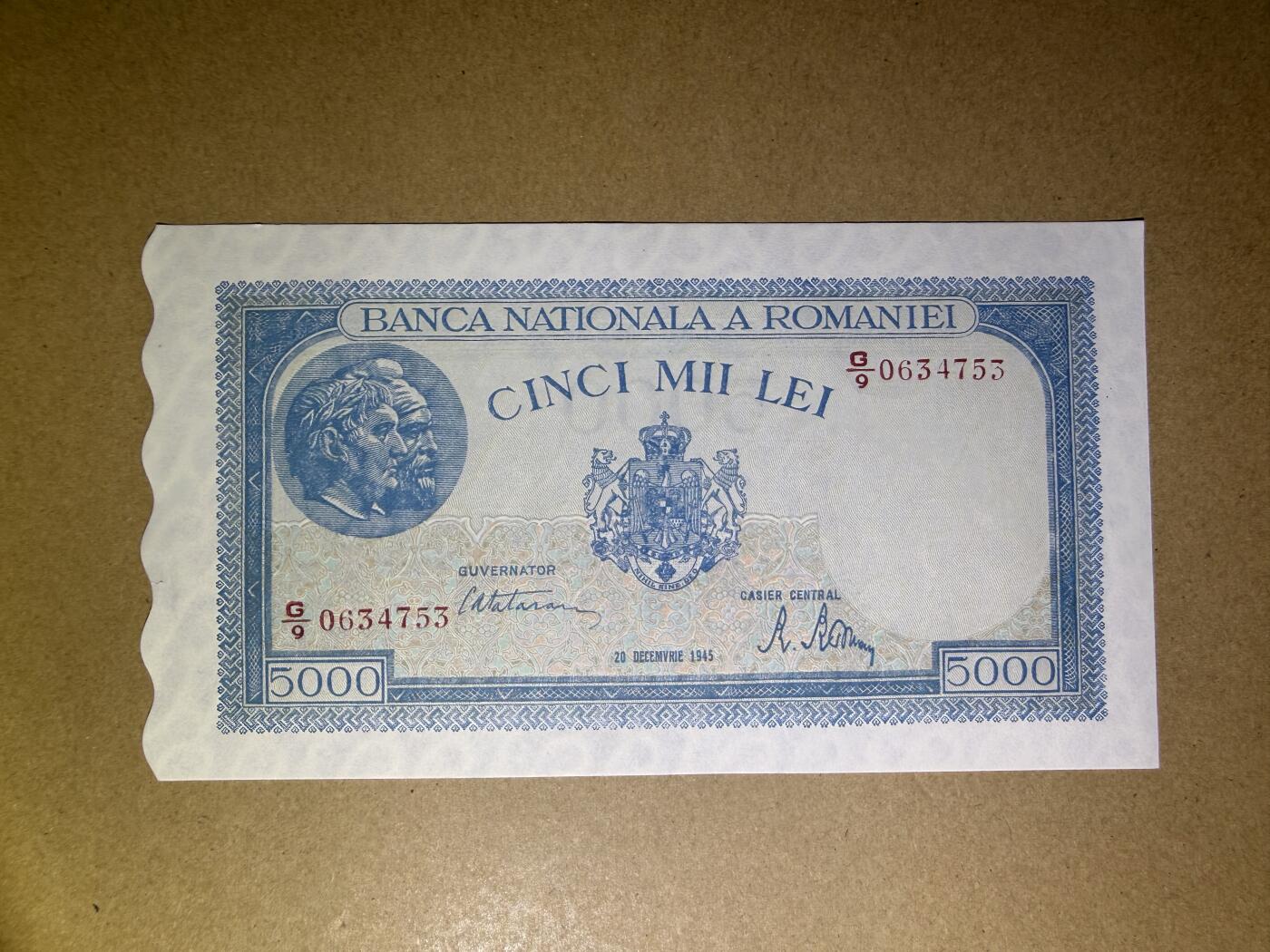 《艾美收藏》第238期-3.29周日外币畅拍场 罗马尼亚5000列伊 AU 1945年 仅边缘有个小裂口