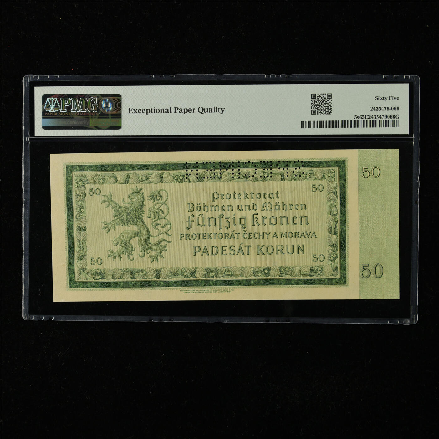 【亘邦集藏】第224期拍卖 1940年 波西米亚和摩拉维亚样钞50克朗 PMG 65EPQ A16 659851