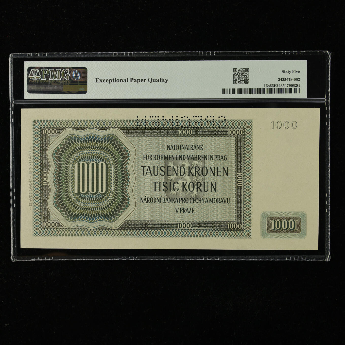 【亘邦集藏】第224期拍卖 1942年 波西米亚和摩拉维亚样钞1000克朗 PMG 65EPQ KA156950