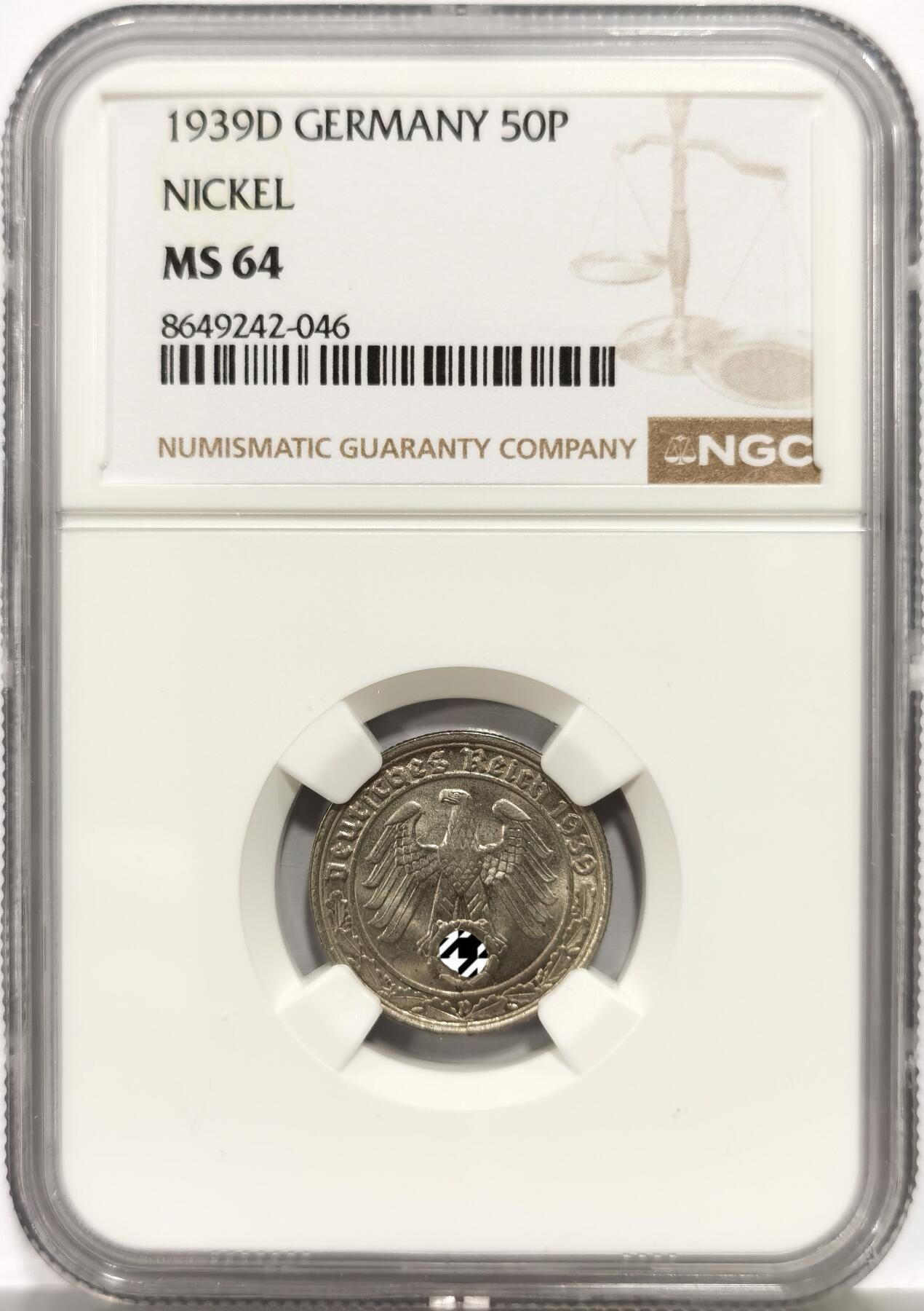 博洋堂“芳菲春韵”3月精品大拍专场暨第166期（全场包邮） NGC MS64 德国第三帝国1939年D版50芬尼镍币，传说中的回炉坦克币