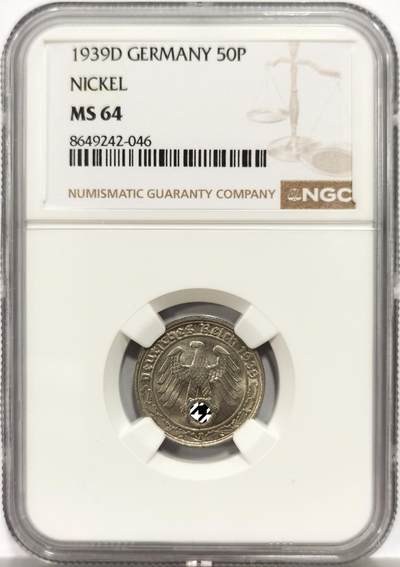 博洋堂“芳菲春韵”3月精品大拍专场暨第166期（全场包邮） - NGC MS64 德国第三帝国1939年D版50芬尼镍币，传说中的回炉坦克币