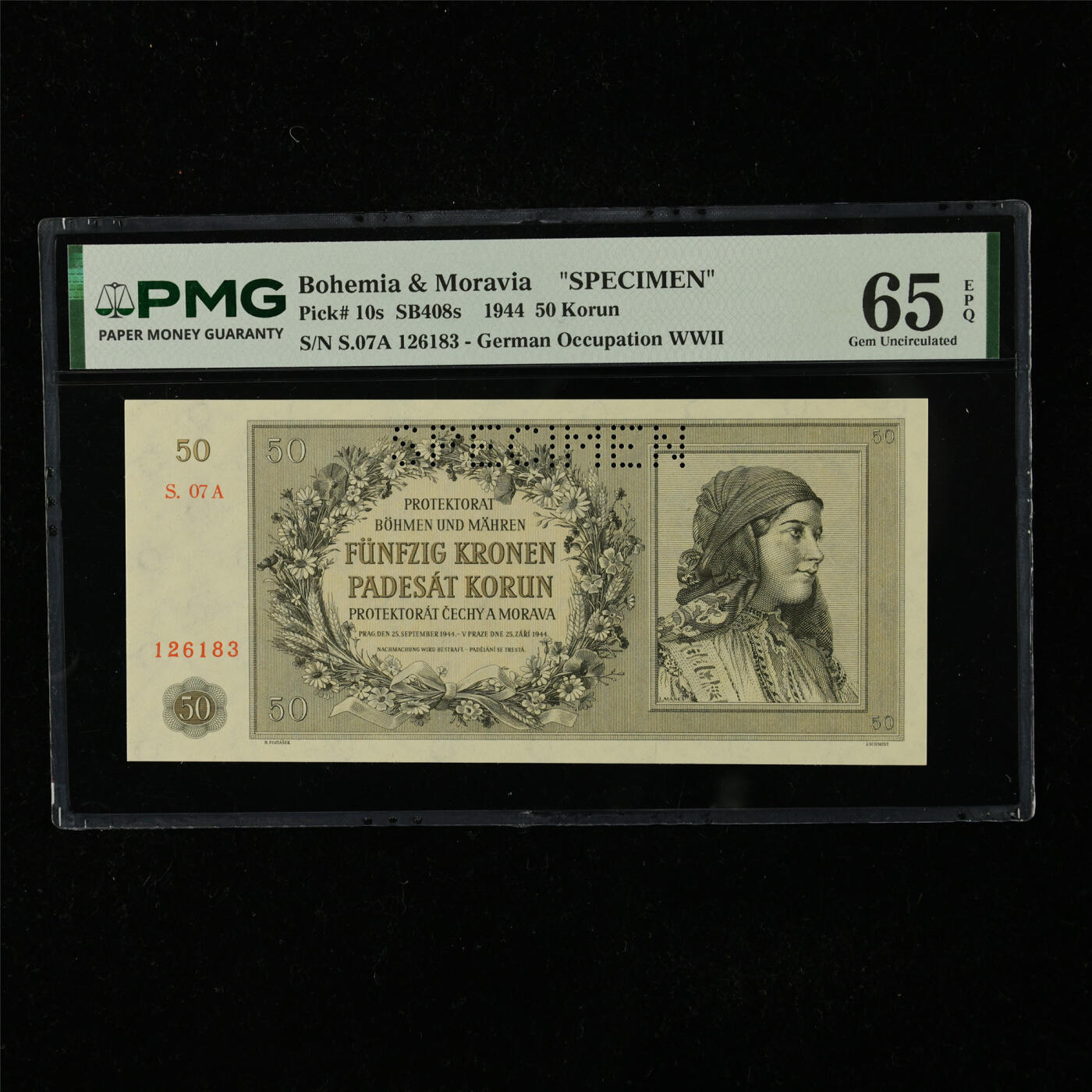 【亘邦集藏】第224期拍卖 1944年 波西米亚和摩拉维亚样钞50克朗 PMG 65EPQ S.07A 126183