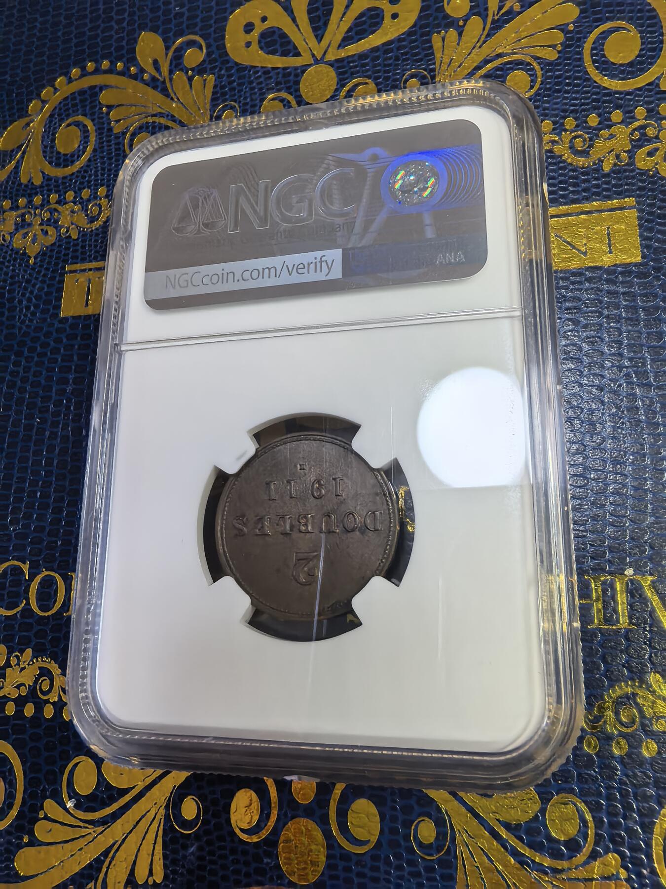 长老汇马年精选第十三场拍卖 1911H根西2道布铜币，NGC MS62BN，唯一冠军，2.9万枚