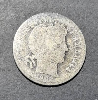 外国优质老铜币银币苏联纪念章，每周六晚九点倒数截拍，满百包邮可寄存，持续收拍 - 美国1902 年巴伯 10 美分银币，经典自由女神头像与橄榄枝纹饰，百年银质流通老币，见证美国近代货币史，虽有岁月痕迹更显收藏韵味