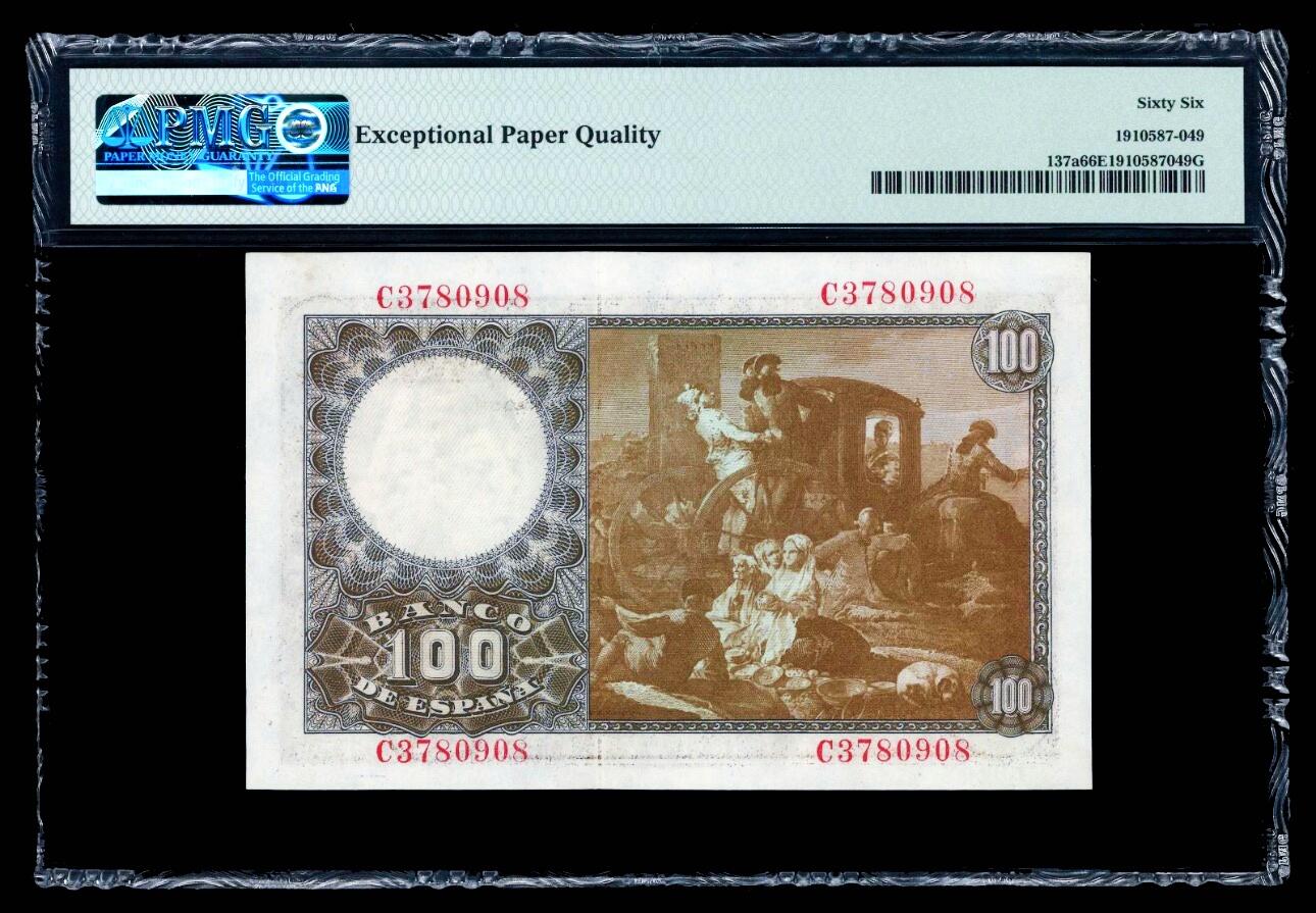 【Blue Auction】世界纸币精拍第801期——18级TOP拍卖/信誉/品质/专业/高效💫 西班牙 1948年100比塞塔 PMG66EPQ 马车